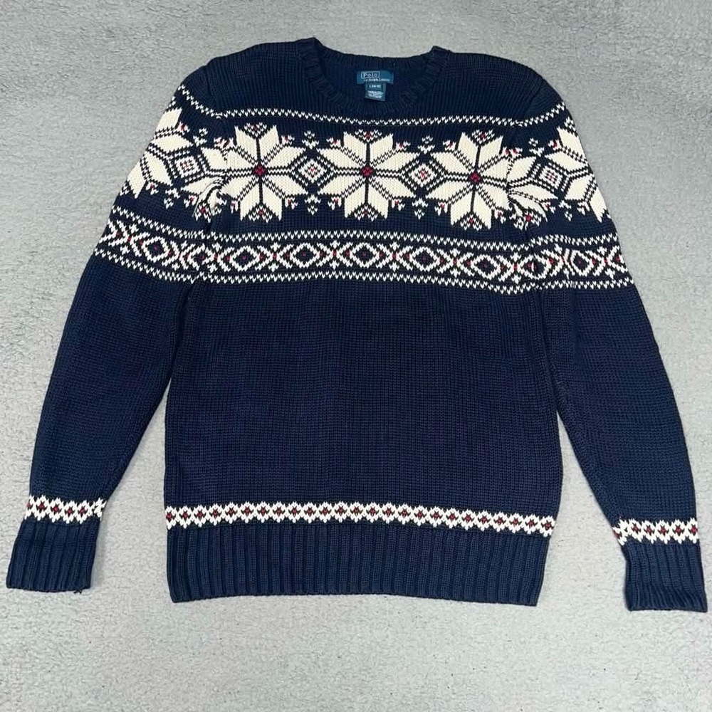 VTG Polo Ralph Lauren Sweater Youth Sz‎ L (14-16) Blue Fair Isle Knit Wool Blend